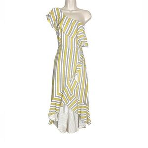 Lulus Dress High Tide Yellow Striped One Shoulder Midi Dress XS Ruffle* No Belt